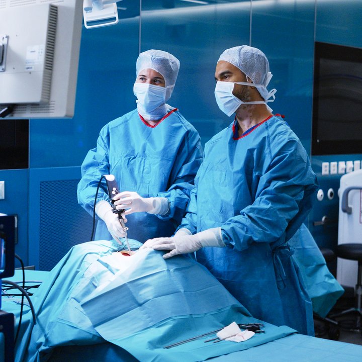Surgeons train in the operating room with the endoscopic technique.